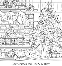 Christmas tree and fireplace.Coloring book antistress for children and adults. Illustration isolated on white background.Zen-tangle style.