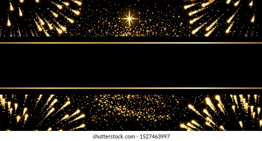 Christmas tree, firework, black background. Gold Christmas tree symbol of Happy New Year, Merry Christmas holiday celebration. Golden light sparkle decoration. Bright shiny design Vector illustration