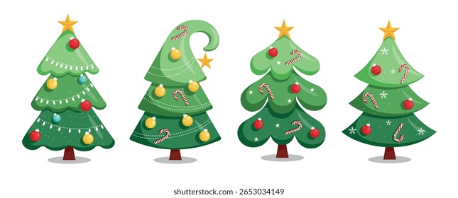 Conjunto de clipart plano árvore de Natal. Árvore de Natal elementos verdes clip art coleção com colorida xmas bolas, cana de doces e estrelas amarelas para dezembro inverno temporada decoração vetor ilustração.
