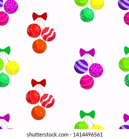 Christmas tree flat colored balls vector seamless pattern on white background. New year seamless vector pattern