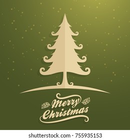 christmas tree flat design with merry christmas text design and snow. vector 