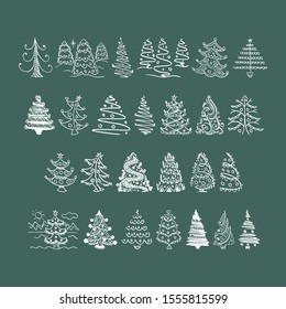 Christmas Tree flat glyph icons set. Xmas symbol, simple pictogram collection. Winter season design element. New year silhouette black sign. Isolated on white xmas icon concept vector illustration