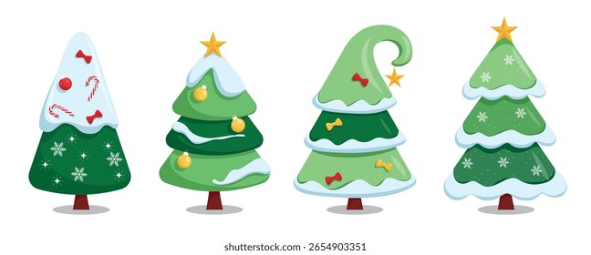 Conjunto de clipart do ícone plano da árvore de Natal. Bonito Natal abeto árvore neve decoração clip art com neve, bola de Natal, estrelas e coleção de elementos de cana de doces para dezembro celebração ilustração vetor.
