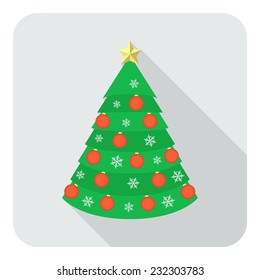 Christmas tree flat icon. Decorated Christmas tree toy with red balls, snowflakes and golden star on the gray background in the flat style with long shadow, vector EPS8.