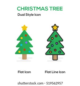 Christmas Tree Flat Icon And Flat Line Icon.