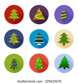 Christmas tree flat icon with long shadow, set