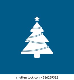Christmas Tree Flat Icon On Blue Background