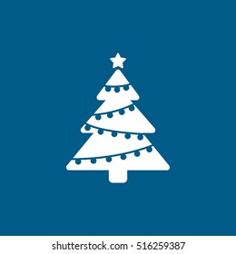 Christmas Tree Flat Icon On Blue Background