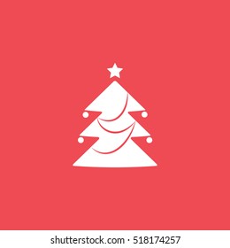 Christmas Tree Flat Icon On Red Background