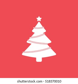 Christmas Tree Flat Icon On Red Background