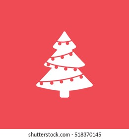 Christmas Tree Flat Icon On Red Background