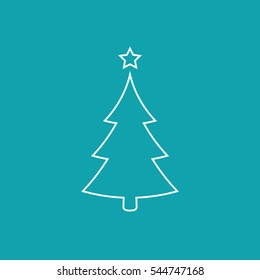 Christmas Tree Flat Icon Outline, Vector White Line Symbol Of Fir-tree.