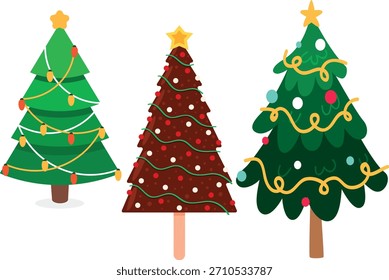 Conjunto de ícone plano de árvore de Natal - Fir Trees decorados bonitos com neve, estrelas, Baubles e elementos de cana-de-doce, Coleção Clipart de férias