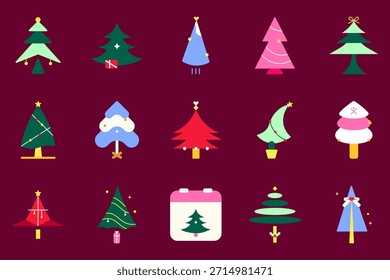 Árbol de Navidad Flat Icon Set – Colorido Minimalista Festiva Ilustración vectorial