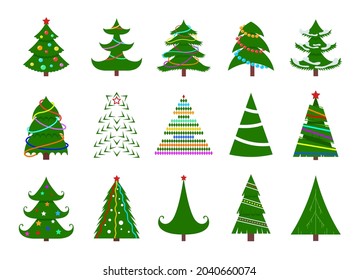 Christmas tree flat icons. New year trees, xmas star and tradition decorations. Cartoon winter holiday graphic elements, exact seasonal vector symbols