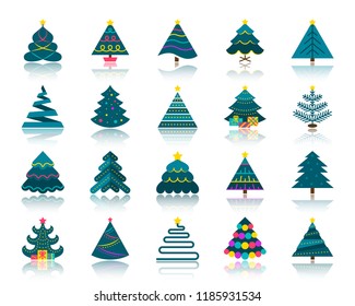 Christmas Tree flat icons set. Web vector sign kit of stylized spruce. Fir Farm pictogram spruce, star decoration, ball. Simple christmas tree colorful cartoon icon symbol reflection isolated on white