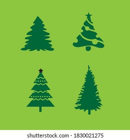 Christmas Tree flat icons set. Web sign stylized spruce kit. Fir Farm pictogram geometric style, gift box, pine. Simple christmas tree cartoon colorful icon symbol isolated white. Vector Illustration