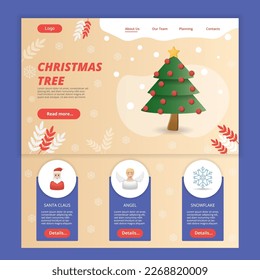 Christmas tree flat landing page website template. Santa Claus, angel, snowflake. Web banner with header, content and footer. Vector illustration.