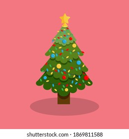 christmas tree flat with ornaments of lights and stars. vector illustration