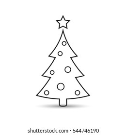 Christmas tree flat outline icon, vector simple design with balls. Black line symbol of fir-tree.