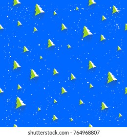 Christmas tree flat seamless pattern with light and shadow. Use for wallpaper, banner, print, packaging, screen, web, application. Green spruce on blue background. Two color fir. Vector illustration.