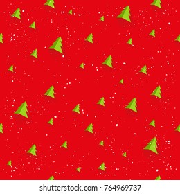 Christmas tree flat seamless pattern with shadow. Use for wallpaper, banner, print, packaging, screen, web, application. Modern green spruce on red background. Two color cool fir. Vector illustration.