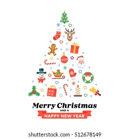 Christmas tree of flat seasonal pictograms with Merry Christmas inscription. Xmas greeting card of flat traditional decoration elements and seasonal congratulations phrases.