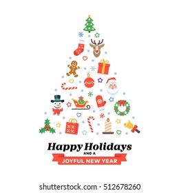 Christmas tree of flat seasonal pictograms with Happy Holidays inscription. Xmas greeting card of flat traditional decoration elements and seasonal congratulations phrases.