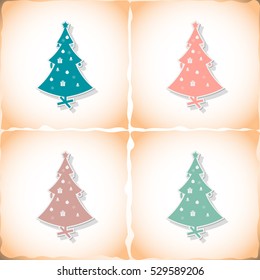 Christmas tree. Flat sticker with shadow on old paper. Vector illustration
