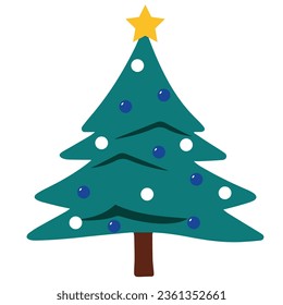 Christmas tree in flat style isolated on white background. Pine tree with Christmas decoration. Vector illustration.
