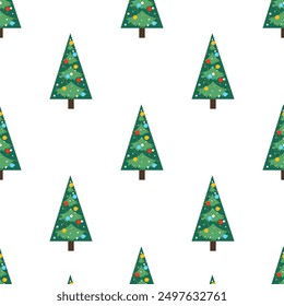 Christmas tree in flat style seamless pattern. Vector Background for x-mas designs of wrapping paper, covers, fabric, textiles. greeting cards. Concept of Christmas and New Year