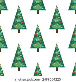 Christmas tree in flat style seamless pattern. Vector Background for x-mas designs of wrapping paper, covers, fabric, textiles. greeting cards. Concept of Christmas and New Year