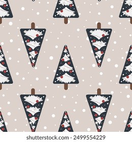 Christmas tree in flat style seamless pattern. Vector Background for x-mas designs of wrapping paper, covers, fabric, textiles. greeting cards. Concept of Christmas and New Year