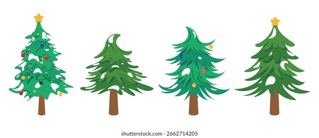 Christmas tree flat vector element set. Green Christmas tree vector element collection with snow, xmas balls and stars decoration elements for winter holiday celebration vector illustration. 