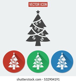 Christmas tree flat vector icon isolated on white background. Set of symbols for mobile app and web on colorful round buttons with long shadow.