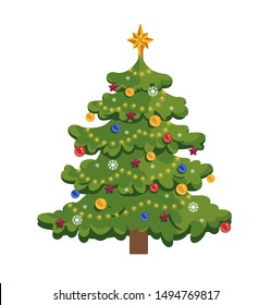 Christmas tree flat vector illustration. New year evergreen spruce isolated clipart. Decorated fir with star, colorful balls, light bulbs and snowflakes design element. Winter holidays celebration.