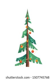 Christmas tree flat vector illustration. Fir tree decorated with sparkling garlands and glass balls isolated on white background. New Year celebration postcard, greeting card design element