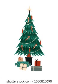 Christmas tree flat vector illustration. Wrapped presents near green spruce decorated with candles, garlands, candy canes. Winter holidays design element. Traditional Xmas celebration symbol.