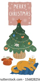 Christmas tree flat vector illustration isolated on white. A cat lies on a rug next to a green spruce decorated for the new year. Xmas celebration. With the inscription merry christmas.