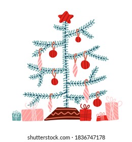 Ilustración vectorial plana del árbol de Navidad. Cajas de regalo envueltas cerca de abeto verde decorado con azulejos. Elemento de diseño de vacaciones de invierno. Símbolo tradicional de celebración de Navidad aislado en blanco