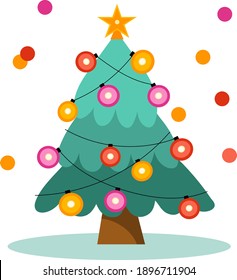 Christmas tree flat vector illustration with balls and garland lamp decoration, confetti. Trendy banner background design element for print, postcards, stickers.
