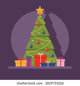 Weihnachtsbaum flache Vektorgrafik mit bunten Geschenkbox darunter. Feiertage im Winter.