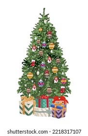 Christmas tree flat vector illustration. Wrapped presents near green spruce decorated. Winter holidays design element. Traditional Xmas celebration symbol.