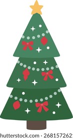 Ilustración vectorial plana del árbol de navidad aislada.
Árboles de Navidad retro con adornos y decoraciones de estrellas.
Fondo transparente.