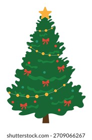 Ilustración vectorial plana del árbol de navidad con los ornamentos festivos, los lazos rojos, las burbujas coloridas, las luces doradas y el topper de la estrella para la tarjeta de felicitación del día de fiesta, el cartel y el diseño de la celebración del invierno
