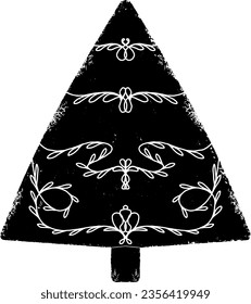 Christmas tree with floral pattern in linocut style. Graphic arts. Vector element for design