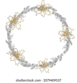 Christmas tree and flower wreath, silver and gold circle frame for card or invite, for gift tag. Vector element isolate on white background
