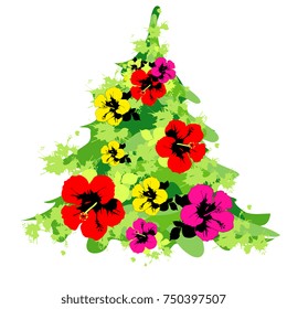 Christmas tree with flowers,on a white