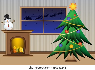 Christmas tree with flying santa claus and his reindeer and beautiful warm fireplace and small snowman