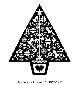 Christmas tree folk art vector design - Scandinavian black and white pattern with birds, flowers and snowflakes. 
Retro style monochrome Xmas tree isolated on white, festive design